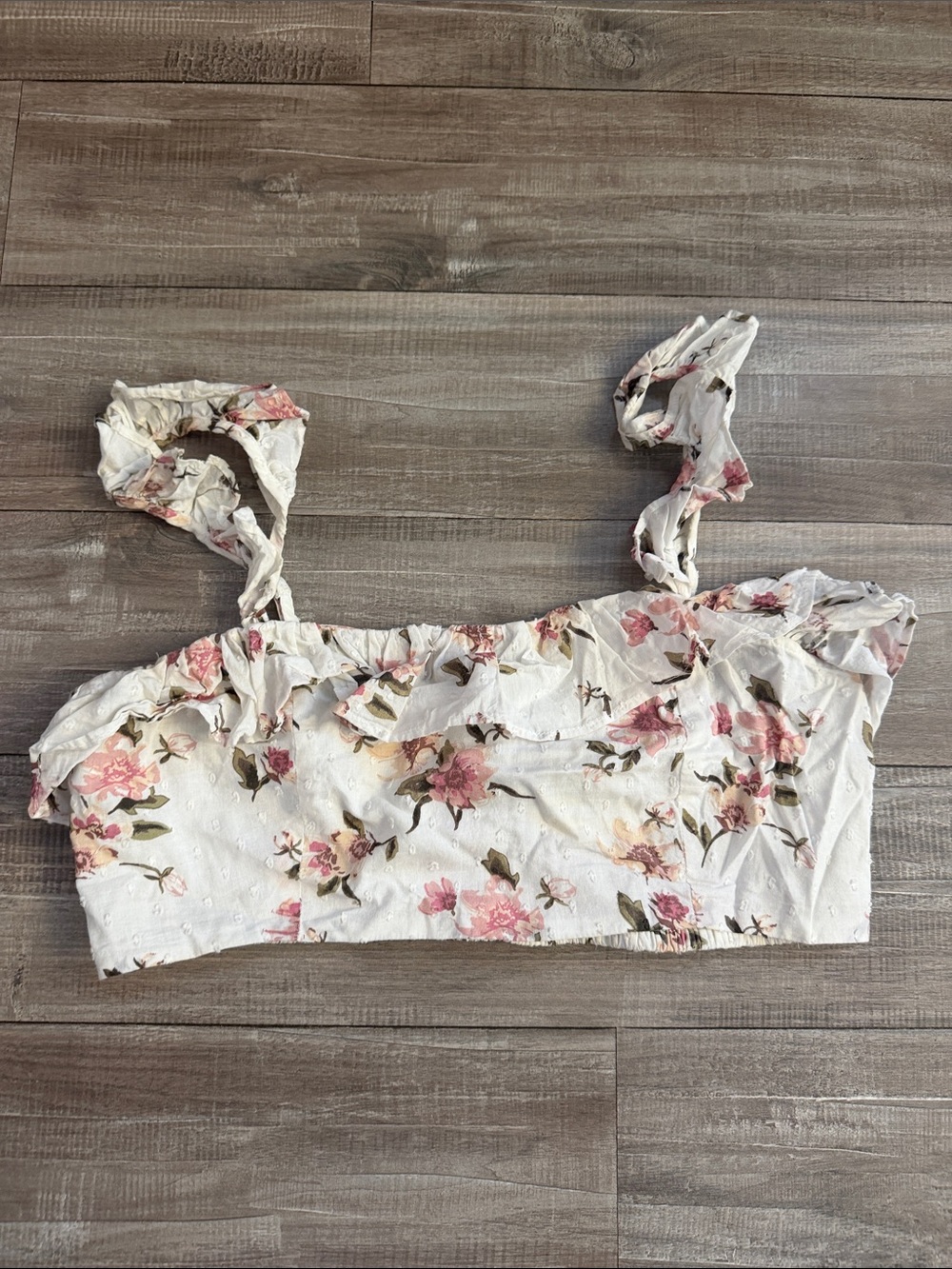 Floral Ruffle Tie-Shoulder Crop Top - White with Pink Floral